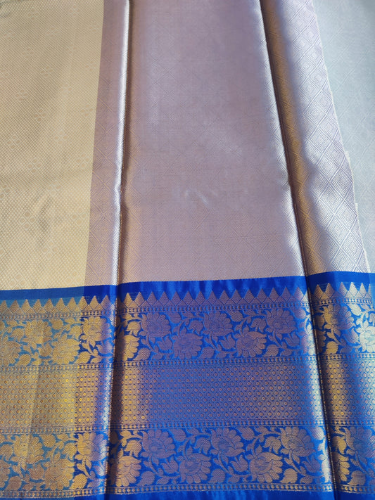 Anika Champagne Beige Banarasi Saree with Royal Blue Border