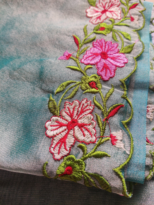 Floral Embroidered Tissue Saree/Sea Green & Pyaazi Pink