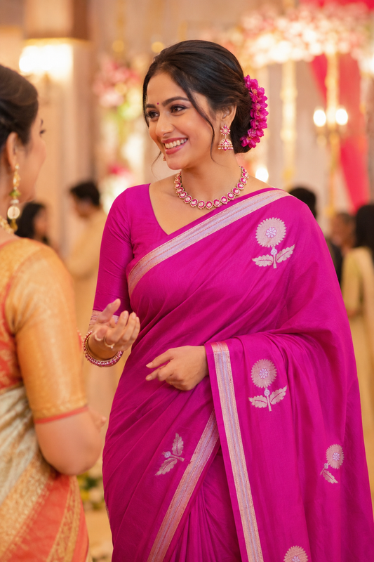 Nishaa Banarasi Floral Buti Saree/Rani Pink & Green