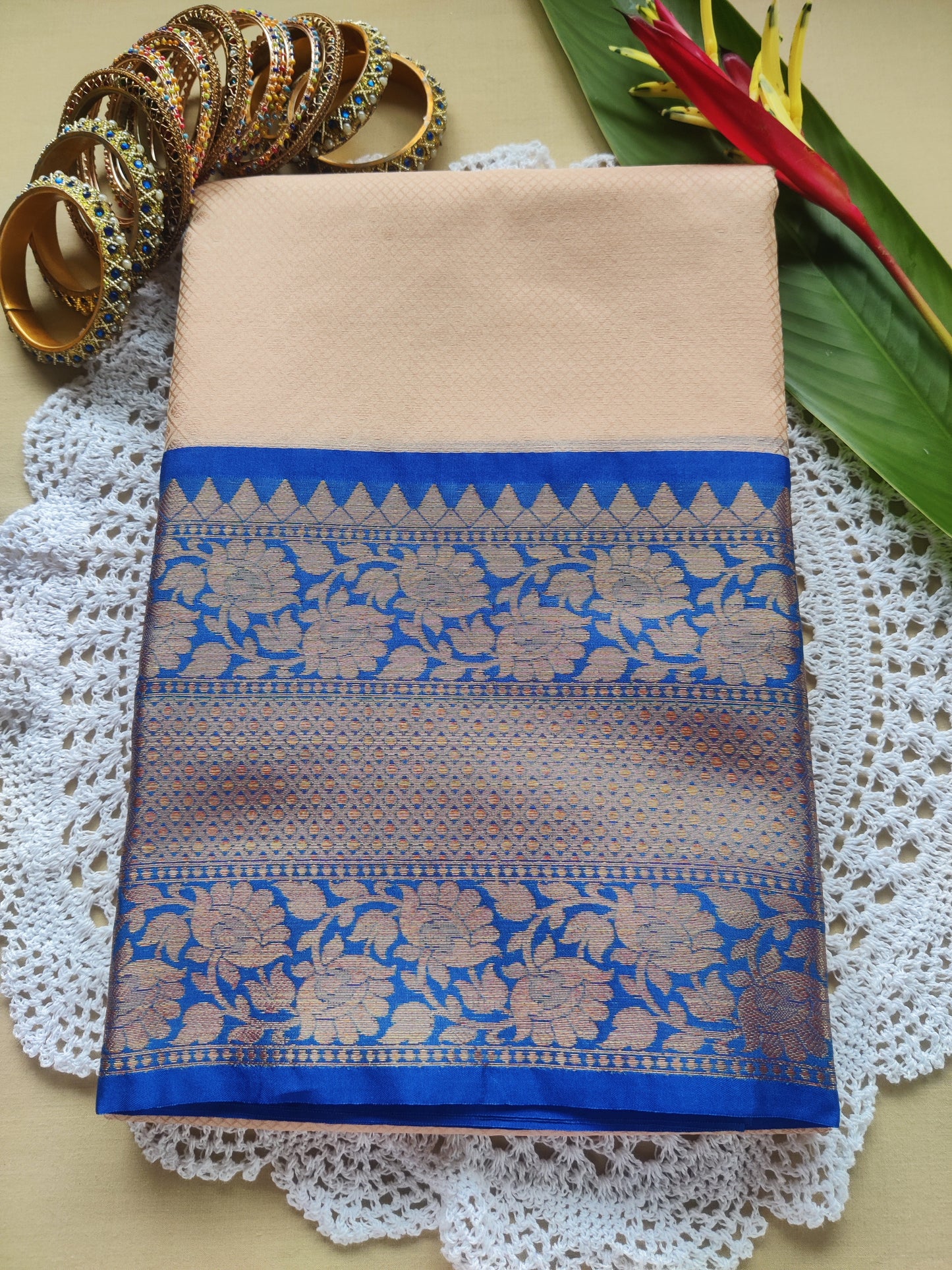 Anika Champagne Beige Banarasi Saree with Royal Blue Border