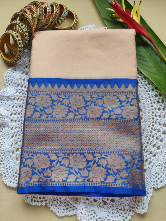 Anika Champagne Beige Banarasi Saree with Royal Blue Border