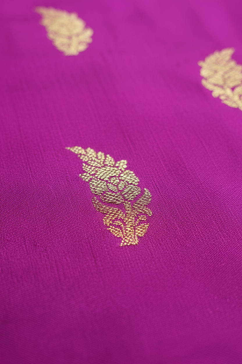 Floral Zari Border Banarasi Saree |Orchid Purple, Royal Blue & Brick Red