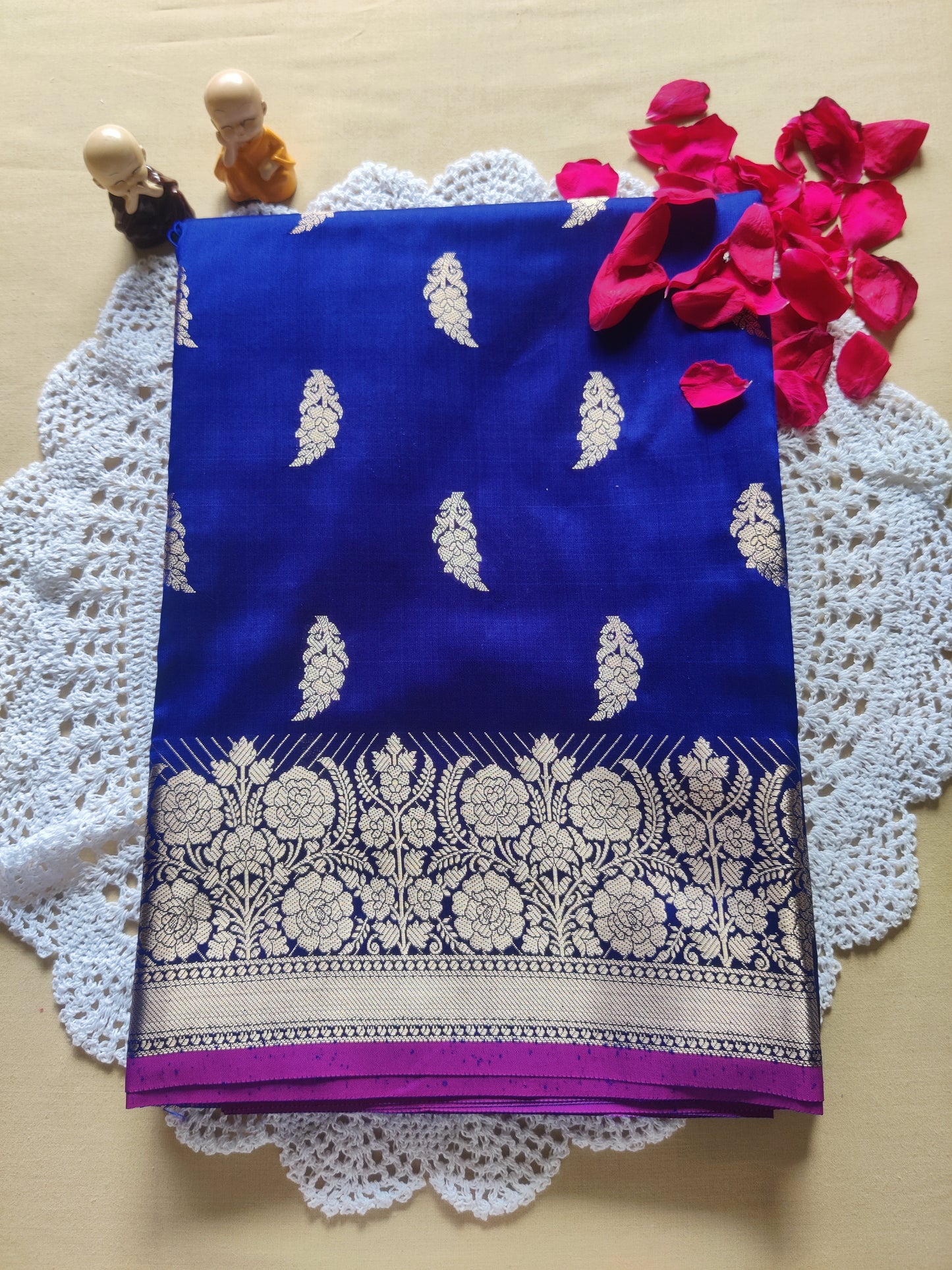 Floral Zari Border Banarasi Saree |Orchid Purple, Royal Blue & Brick Red