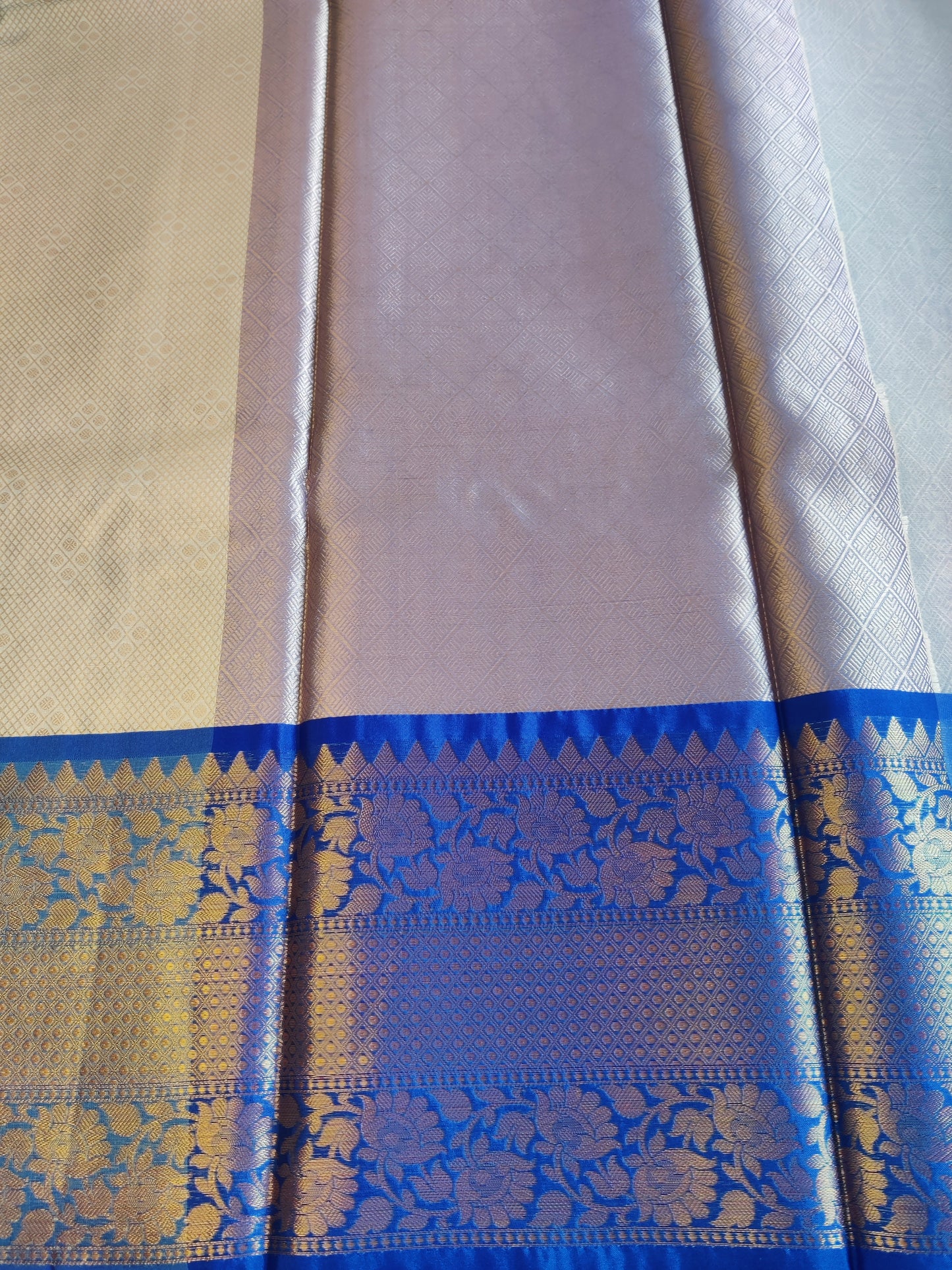 Anika Champagne Beige Banarasi Saree with Royal Blue Border