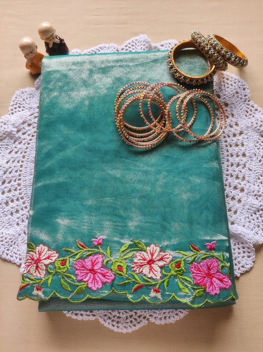 Floral Embroidered Tissue Saree/Sea Green & Pyaazi Pink