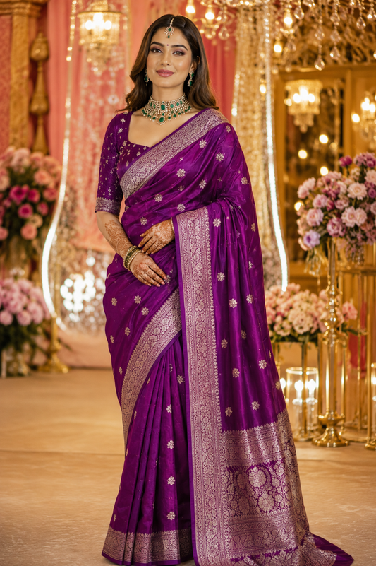 Wine Floral Banarasi Saree