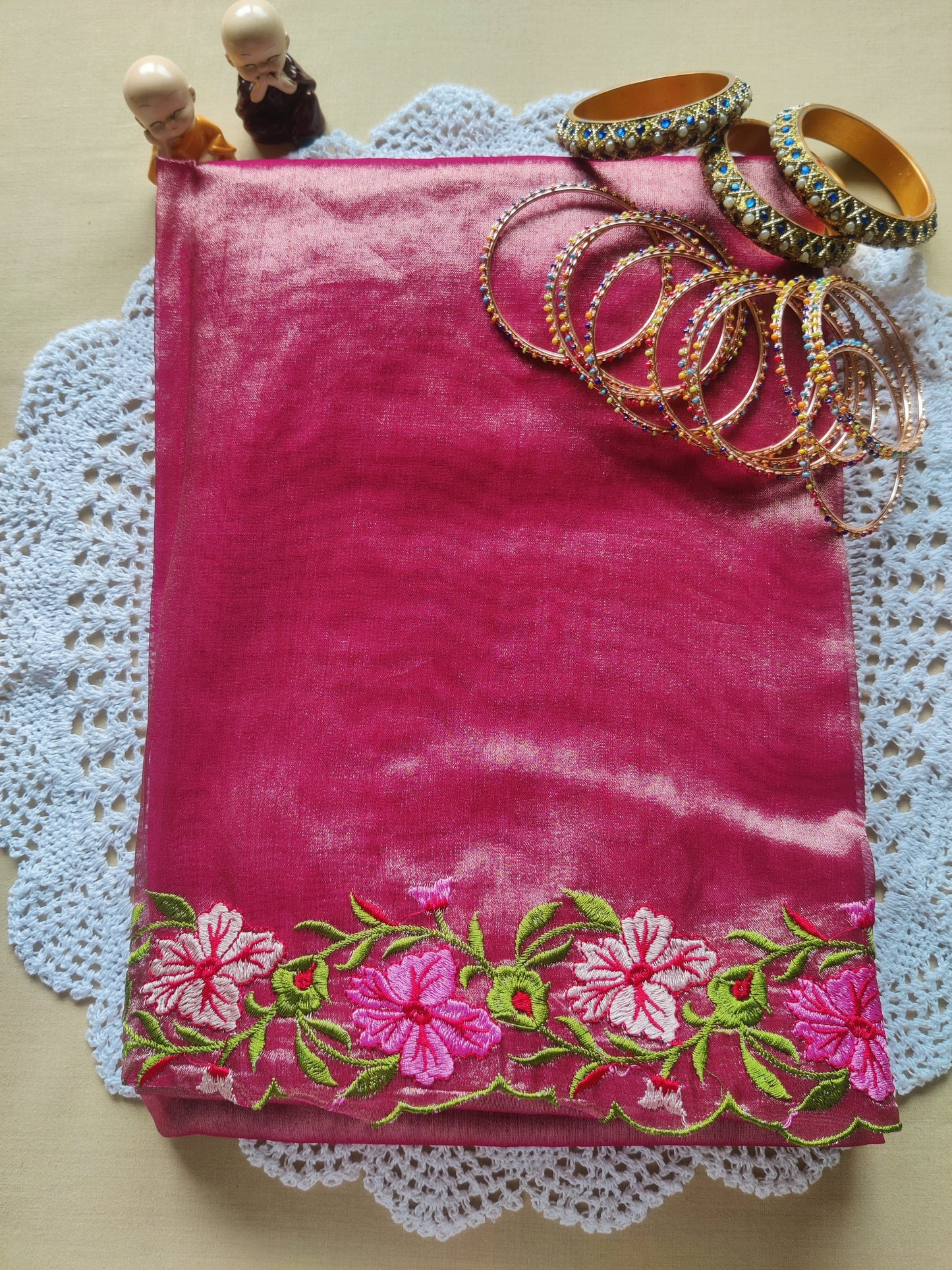 Floral Embroidered Tissue Saree/Sea Green & Pyaazi Pink