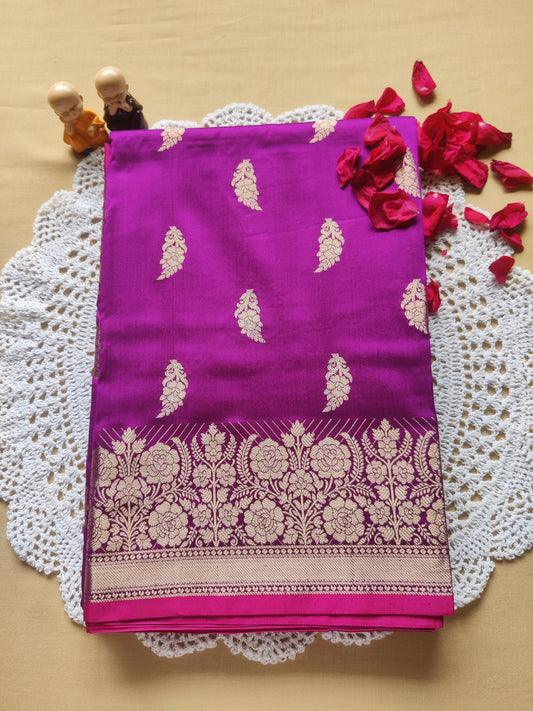 Floral Zari Border Banarasi Saree |Orchid Purple, Royal Blue & Brick Red
