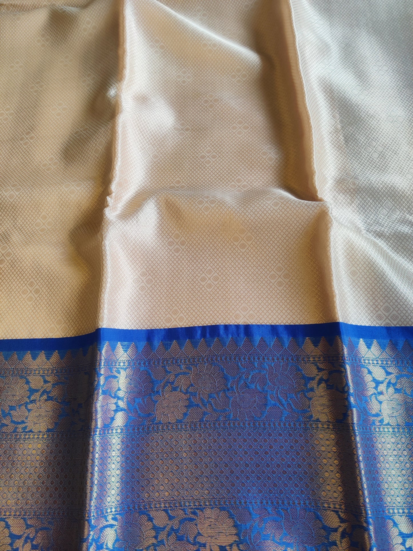 Anika Champagne Beige Banarasi Saree with Royal Blue Border