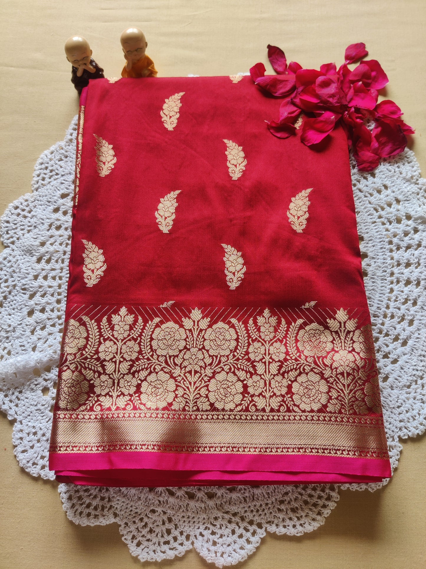 Floral Zari Border Banarasi Saree |Orchid Purple, Royal Blue & Brick Red