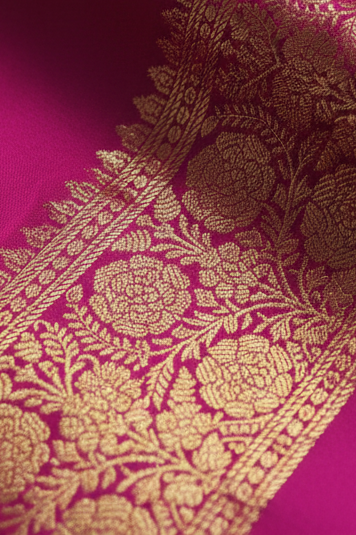 Floral Zari Border Banarasi Saree |Orchid Purple, Royal Blue & Brick Red