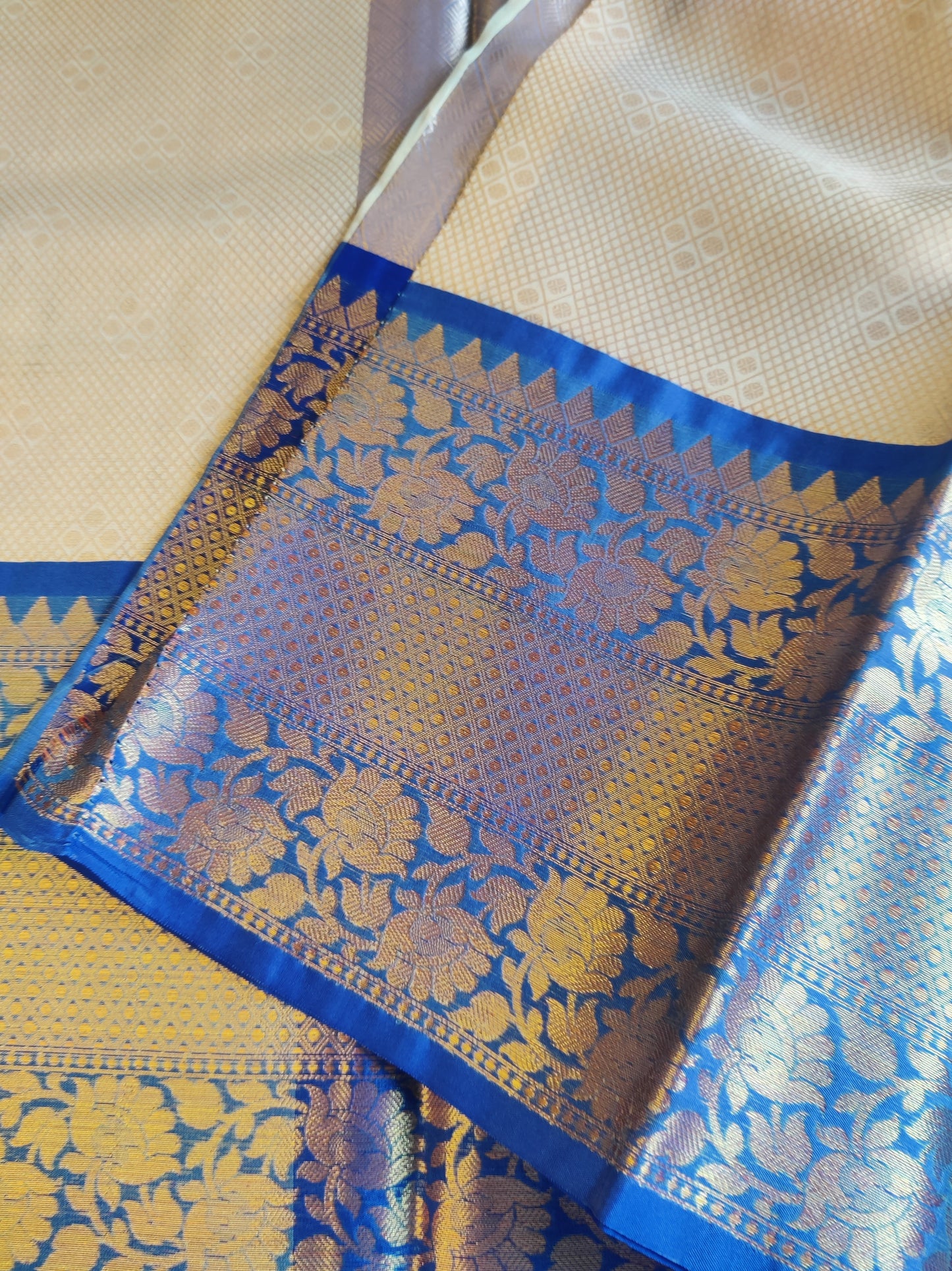 Anika Champagne Beige Banarasi Saree with Royal Blue Border